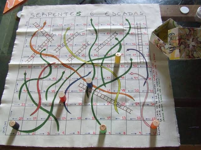 Jogo 2 em 1: Ludo - cobras e escadas De um lado temos o jogo de Ludo. O  objetivo é ser o primeiro que, partindo de uma casa de origem, chega com